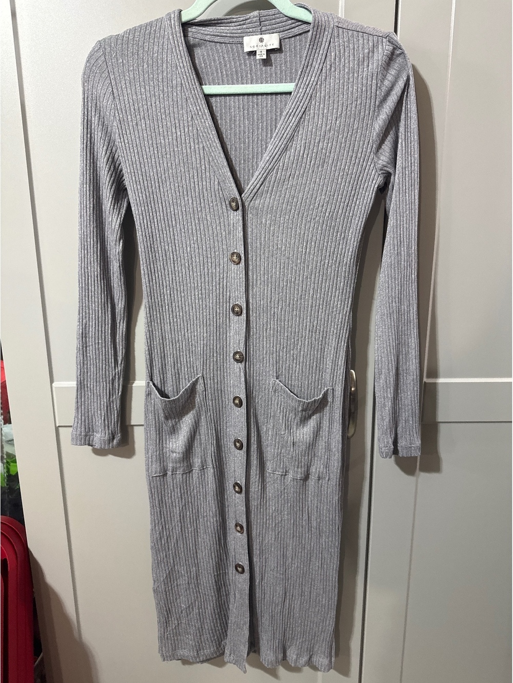 Socialite Gray Ribbed Button-Up Long Sleeve Dress with Pock-